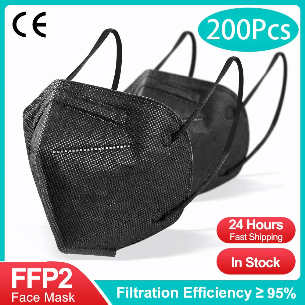 10-200pcs FFP2 KN95 Face Masks – 5-Layer Reusable Black Surgical Mask, Certified Protective Mascarillas