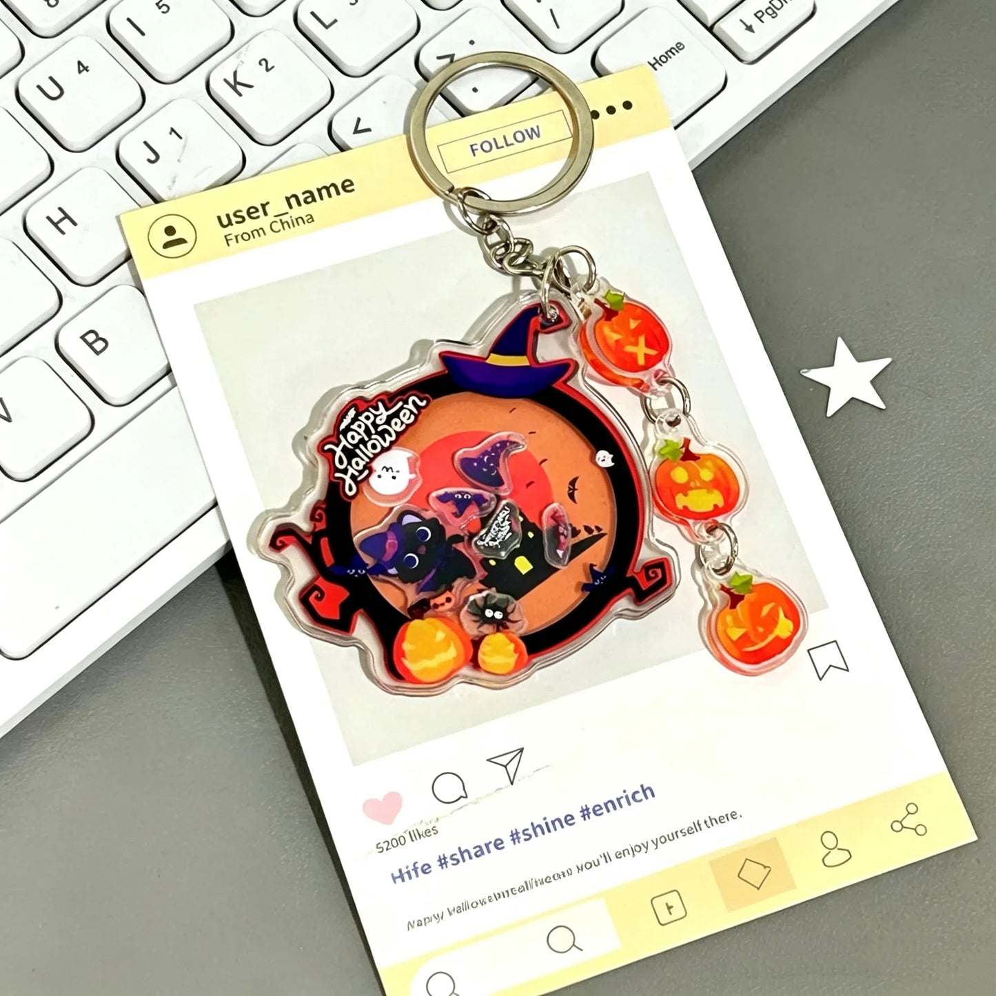 Halloween Acrylic Shaker Keychain - Cute Black Cat, Witch, Pumpkin & Ghost Bag Pendant