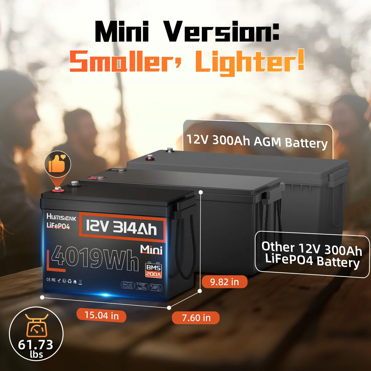 Humsienk 12V 314Ah LiFePO4 Battery - 4019Wh Deep Cycle Power with 200A BMS for RV, Camper, Cabin & Solar Energy Storage