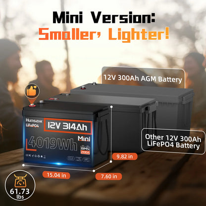 Humsienk 12V 314Ah LiFePO4 Battery - 4019Wh Deep Cycle Power with 200A BMS for RV, Camper, Cabin & Solar Energy Storage
