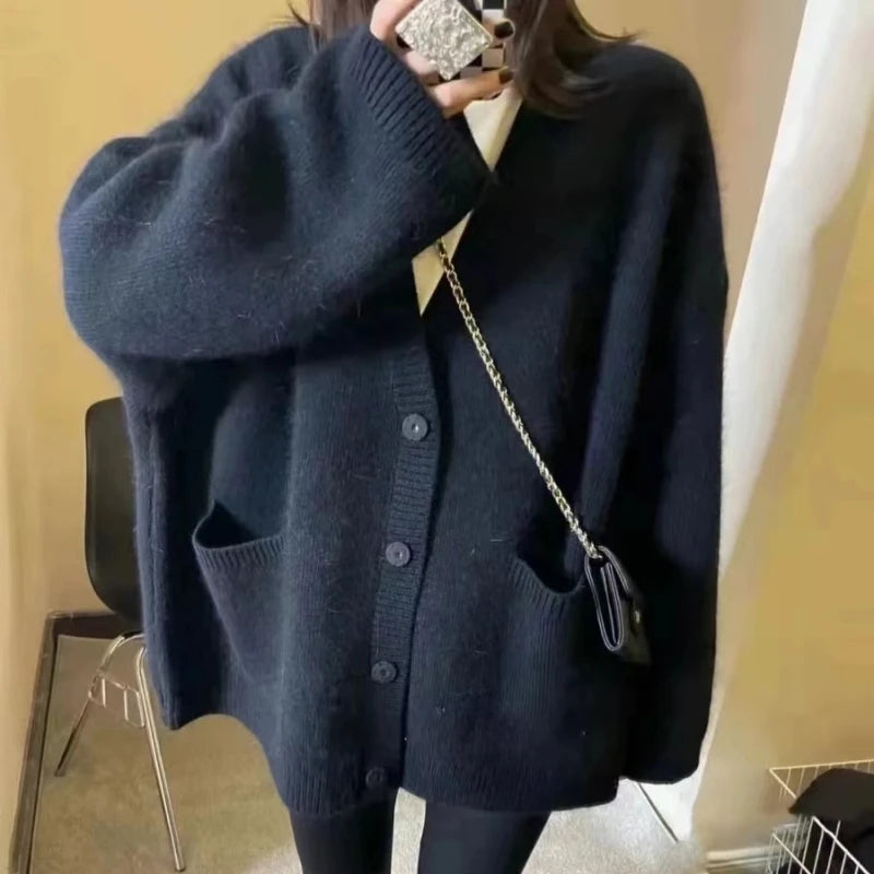 Korean Black V-Neck Knitted Cardigan – Single-Breasted Long Sleeve Loose Casual Women’s Sweater
