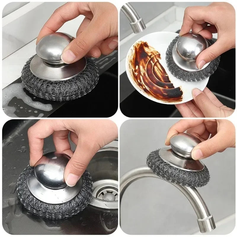 Stainless Steel Pot Brush with Handle – Heavy Duty Dishwashing Wire Ball for Pot & Pan Cleaning (5/1 Pcs)