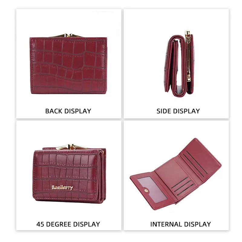 Baellerry Short Women’s Wallet — Crocodile Pattern Coin & Card Holder with Photo Slots, Hasp Purse for Girls