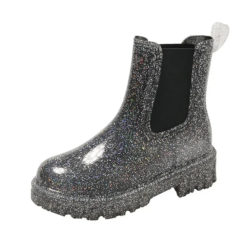 Women’s Shiny Color Fashion Rain Boots – Four-Season Waterproof Mid-Tube Ankle Outdoor Shoes