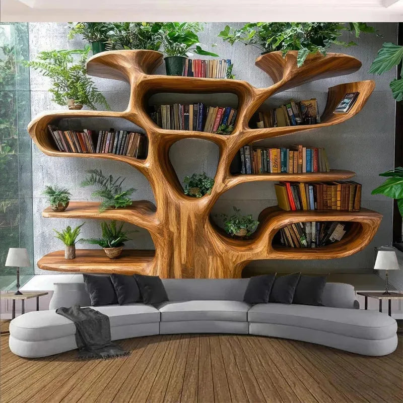 Tree Shaped Bookshelf Tapestry - Lush Plant Wall Decor for Bedroom & Living Room