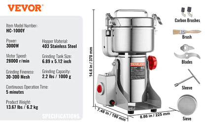SucceBuy 150-2500g Electric Grain Mill Grinder – Commercial Spice & Herb Grinder for Coffee, Corn & Cereals