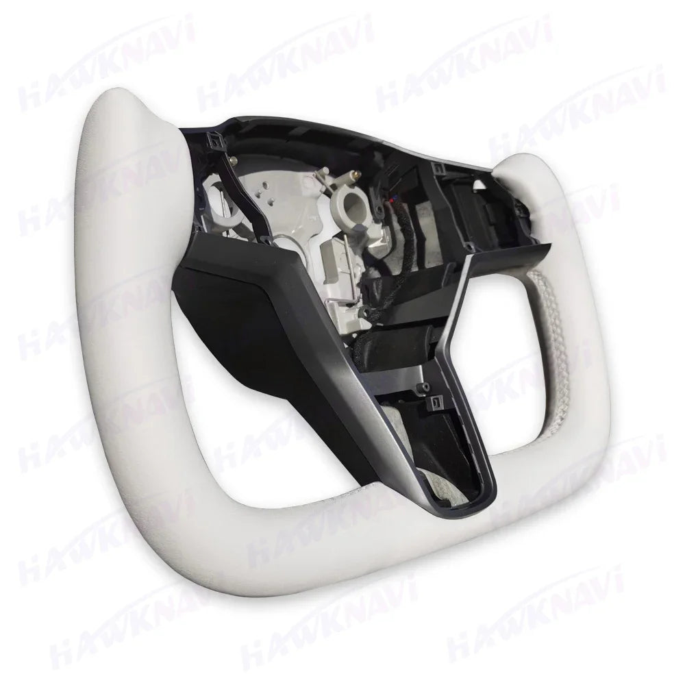 Hawknavi 350mm Yoke Steering Wheel – Leather Racing Style for Tesla Model 3 & Model Y, Heated Optional, White & Black