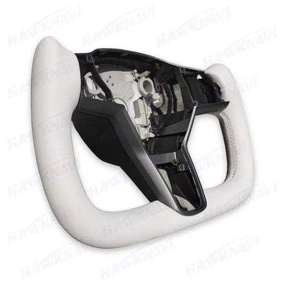 Hawknavi 350mm Yoke Steering Wheel – Leather Racing Style for Tesla Model 3 & Model Y, Heated Optional, White & Black