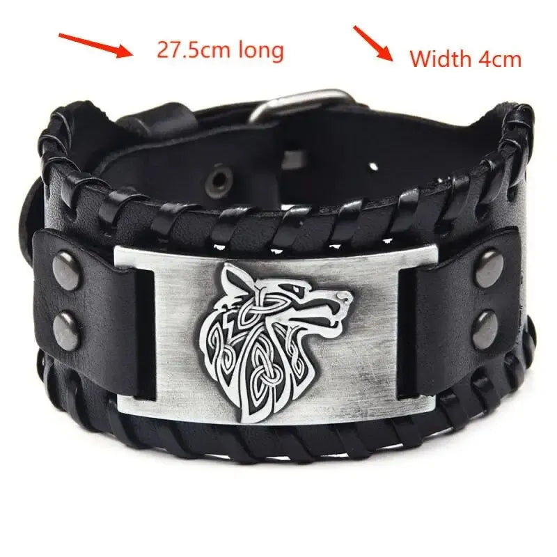 Vintage Viking Leather Braided Bracelet for Men - Celtic Wolf Head Bangle, Classic Animal Motif Jewelry & Hand Accessories