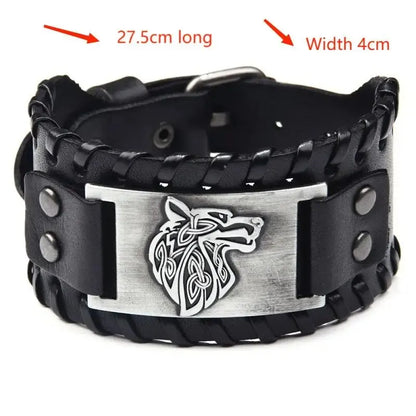 Vintage Viking Leather Braided Bracelet for Men - Celtic Wolf Head Bangle, Classic Animal Motif Jewelry & Hand Accessories