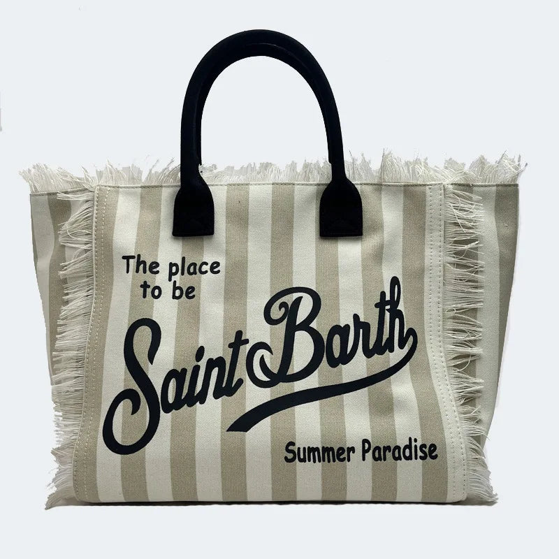 Saint Barth Large Capacity Women's Beach Handbag – European & American Style, Deep Blue Striped Tassel Tote