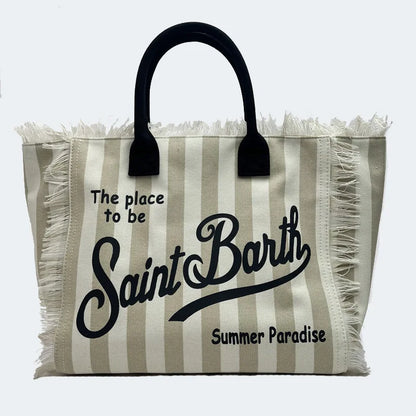 Saint Barth Large Capacity Women's Beach Handbag – European & American Style, Deep Blue Striped Tassel Tote
