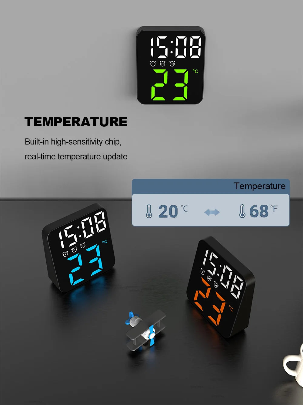 Digital Alarm Clock for Bedrooms – Temperature Display, Adjustable Brightness, Voice Control, 3 Alarms, 12/24H Wall Clock