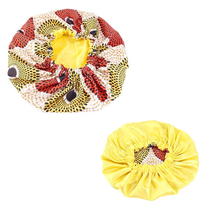 Women’s Double-Layer Satin Bonnet - African Ankara Floral Print Adjustable Reusable Sleep Cap for Hair Care