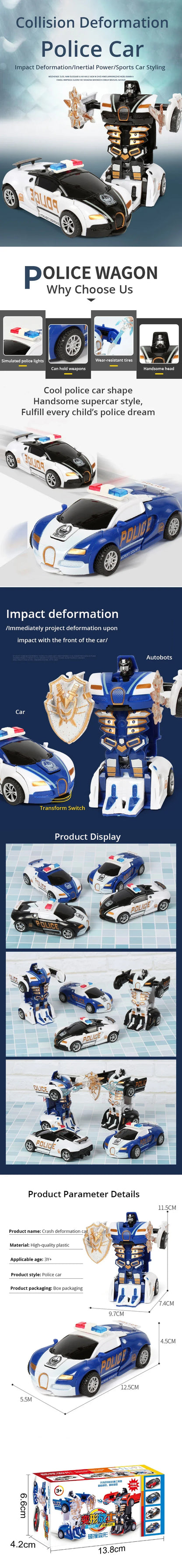 Blue Children's Police Car Toy – One-Button Deformation Car, Inertia Impact for Boys