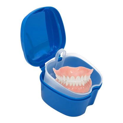 Denture Cleaning & Storage Box - False Teeth Organizer with Hanging Net for Dental Appliance Soaking and Care