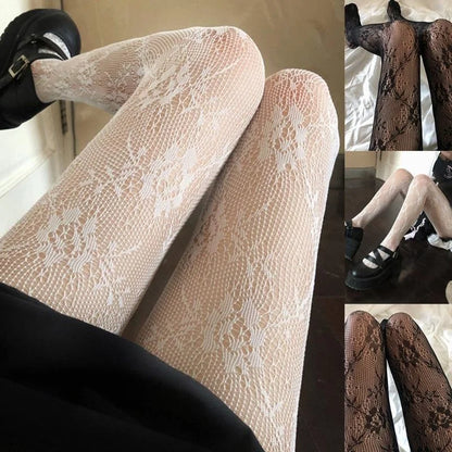 White & Black Hollowed Out Lace Pantyhose: Floral Rattan Bottomed Stockings - 1 Pair Mesh Design