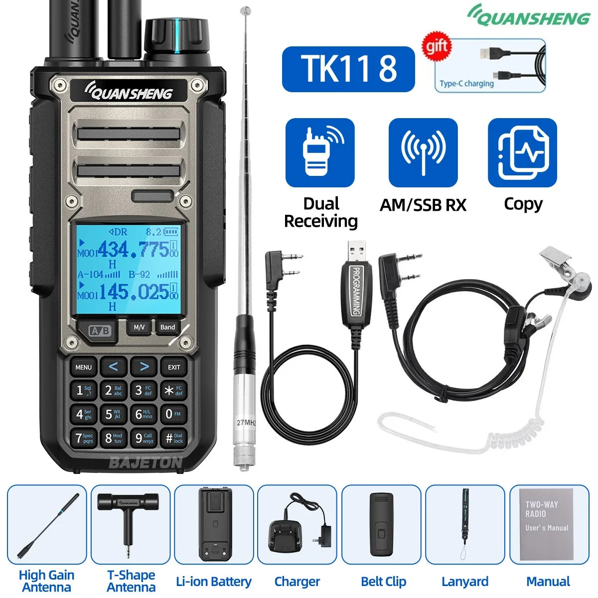 Quansheng TK11-8 10W Walkie Talkie - Dual-Receive CB Radio with 27MHz, CW/LSB, LW/MW/SW, NOAA, and USB-C Charging for UV-K5-8 and TK-11-5