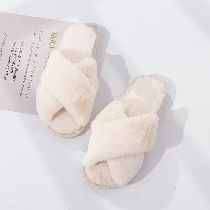 Winter Women’s House Slippers – Faux Fur Slip-On Flats, Cozy Warm Home Slides in Black & Pink