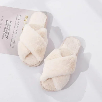 Winter Women’s House Slippers – Faux Fur Slip-On Flats, Cozy Warm Home Slides in Black & Pink