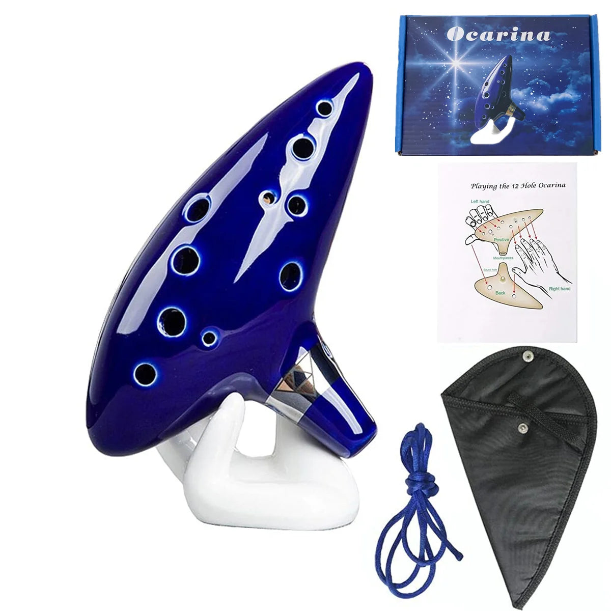 12 Tone Alto C Ocarina – Ceramic Musical Instrument with Songbook, Neck Cord & Carry Bag, Blue