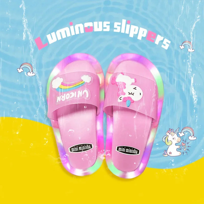 Children’s Cartoon Unicorn Slippers – Light-Up Cute Animal Print Shoes for Boys & Girls, Toddler Bathroom Slippers