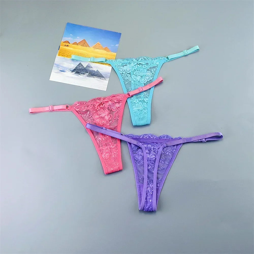 Women's Transparent Lace Thong Set - 3PCS Adjustable Low Waist Sexy T-Back Underwear