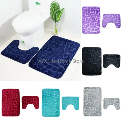 2PC Set Funnel Cobblestone Anti-Slip Bathroom Mat - Toilet Rug, New Bath Mat Set