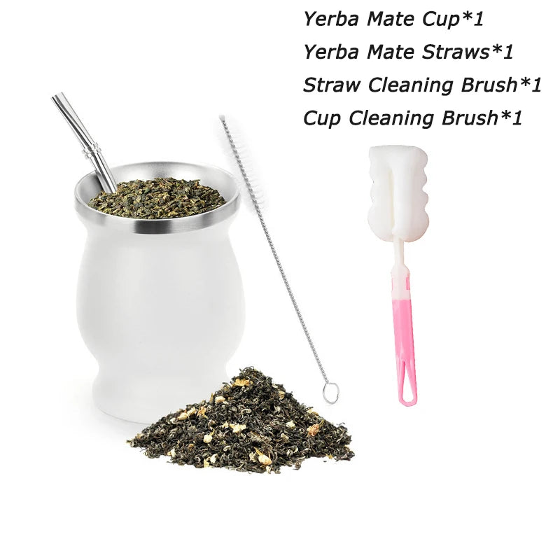 8oz 304 Stainless Steel Yerba Mate Cup Set – Double Wall Argentine Gourd with Bombilla Straw & Cleaning Brush Travel Mug