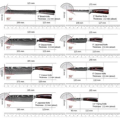 Laser Damascus Kitchen Knife Set – Cleaver, Meat, Fruit, Bread, Boning Knife and Chicken Scissors for Barbecue and Home Cooking