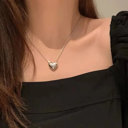 Silver Heart Pendant Necklace for Women – Trendy Korean Snake Chain Choker Jewelry