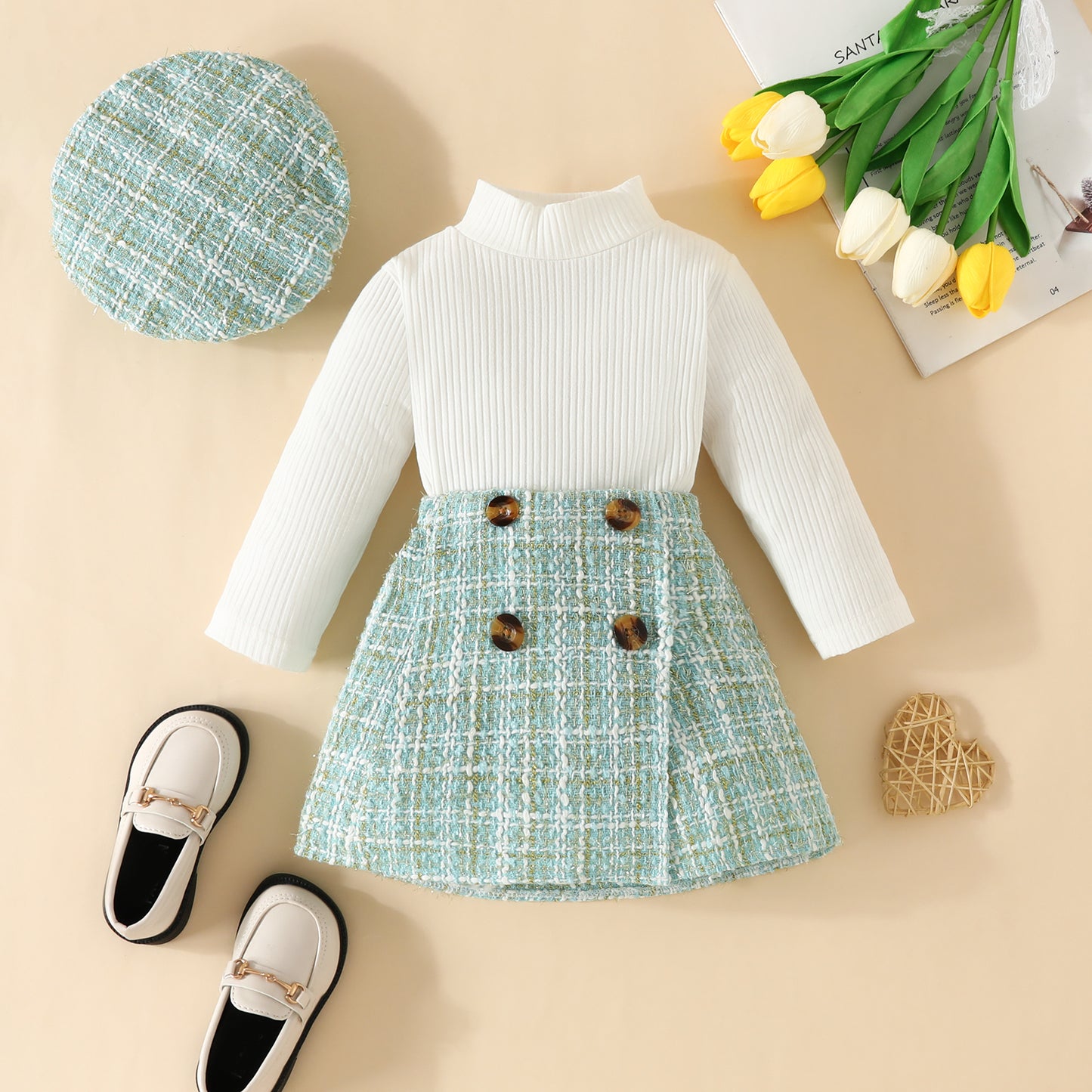 ma&baby Toddler Girls Clothes Set – Knit Long Sleeve Top, Plaid Skirt & Hat, 6M-3Y Fall & Spring Outfit