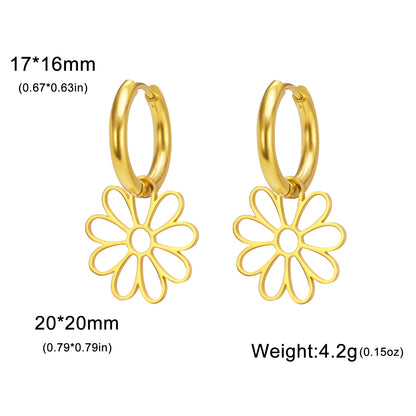 Nine Petal Flower Hoop Earrings - Stainless Steel Bohemian Hollow Pendant Jewelry Gift for Women