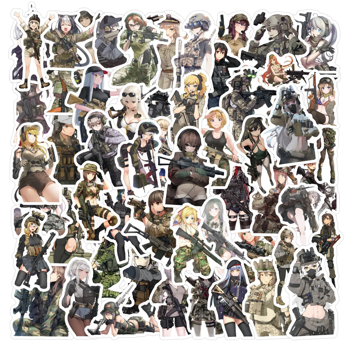 60-Piece Military Anime Girl Sticker Set - Waterproof Cartoon Graffiti Decals for Phones, Notebooks and Luggage