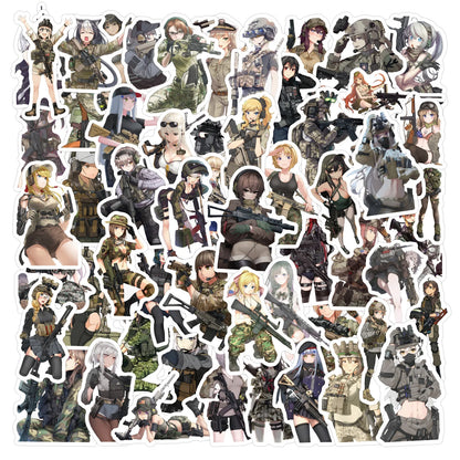 60-Piece Military Anime Girl Sticker Set - Waterproof Cartoon Graffiti Decals for Phones, Notebooks and Luggage