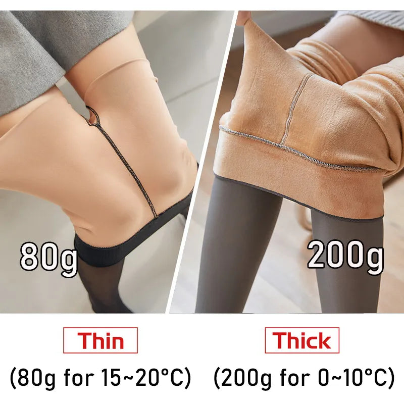 New Women's Fleece Tights: 80/200g Sexy Print Stockings - Winter Warm Leggings, High-Elastic Thermal Pantyhose with Skin Effect