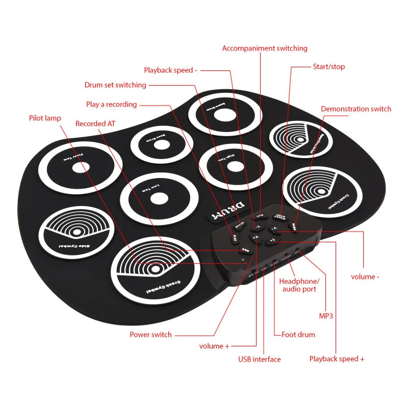 Portable 9-Pad Electronic Drum Set with MIDI – Roll-Up Digital Drum Kit with Pedals & Drumsticks