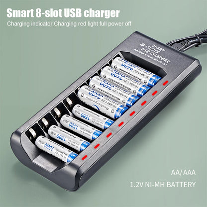8-Slot Fast USB Rechargeable Battery Charger – AA/AAA NiMH 1.2V with Short Circuit Protection & USB Output