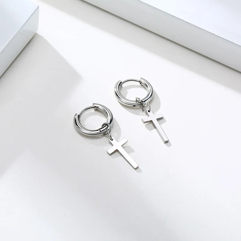 Stainless Steel Cross Charm Earrings - Men's Fashion Jewelry