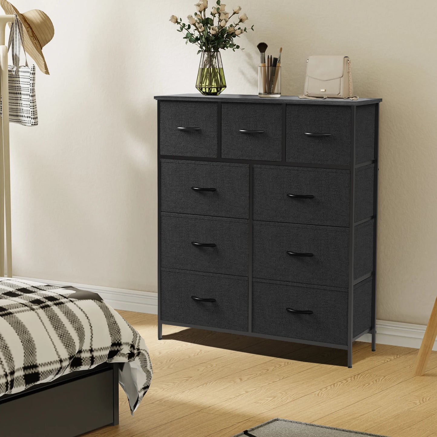 Dresser for Bedroom – 9 Fabric Storage Drawers, Tall Chest Organizer for Adult & Kids Clothes, Closet Cabinet Furniture