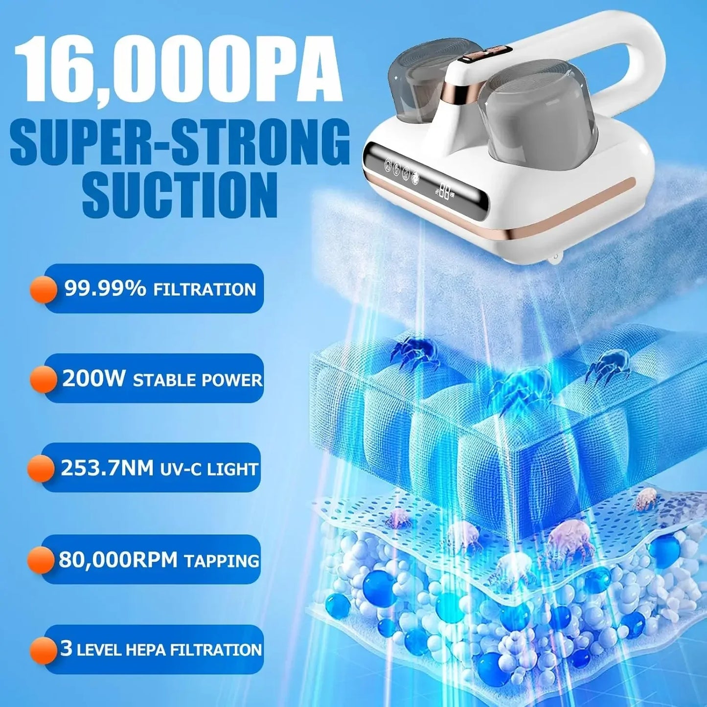 Cordless Handheld Mattress Vacuum Cleaner – 16Kpa Powerful Suction with UV-C Light & Ultrasonic for Sofa & Sheet Cleaning