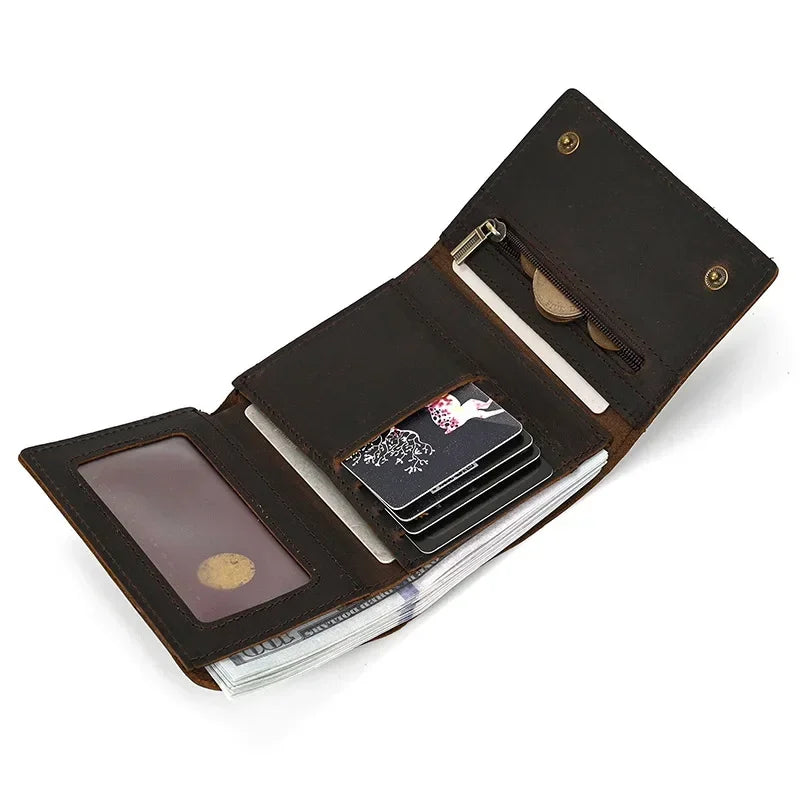 Men’s Genuine Leather Short Wallet with Chain – Trifold Zipper Clutch, Card Holder & Coin Purse