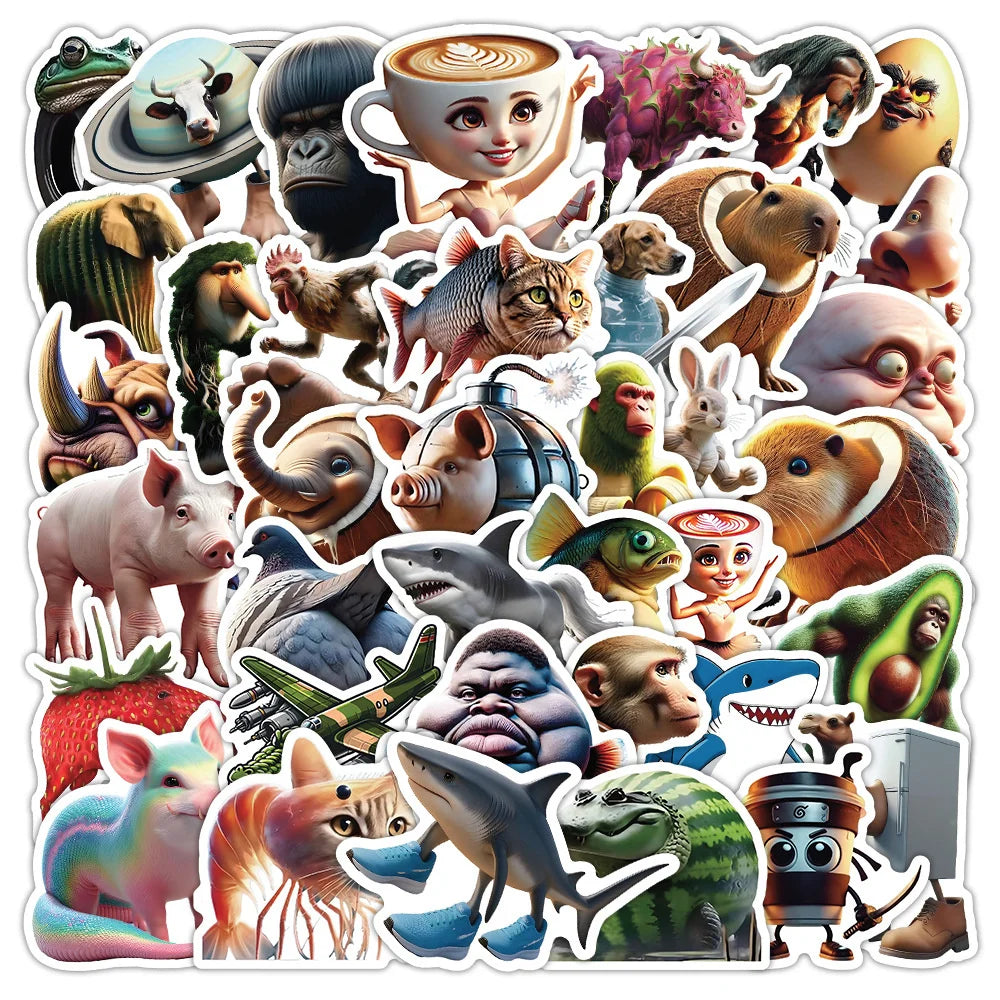 50Pcs Abstract Animal Stickers - Cartoon DIY Decals for Luggage, Phone, Cups, Guitar and More