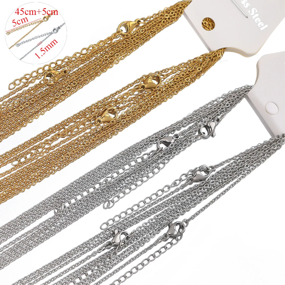 10pcs Gold Stainless Steel Link Chains – 45+5cm Adjustable Necklaces, Fashion Jewelry Chokers for DIY
