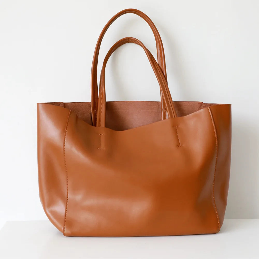 Customized Letter Genuine Leather Tote Bag – Large Capacity, Practical Commuter & Shopping Bag, Cowhide Large Bag