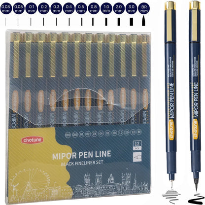 Japanese Sakura Pigma Micron Pen Set — 12 Black Fineliners for Manga, Sketching, Drawing & Comic Art