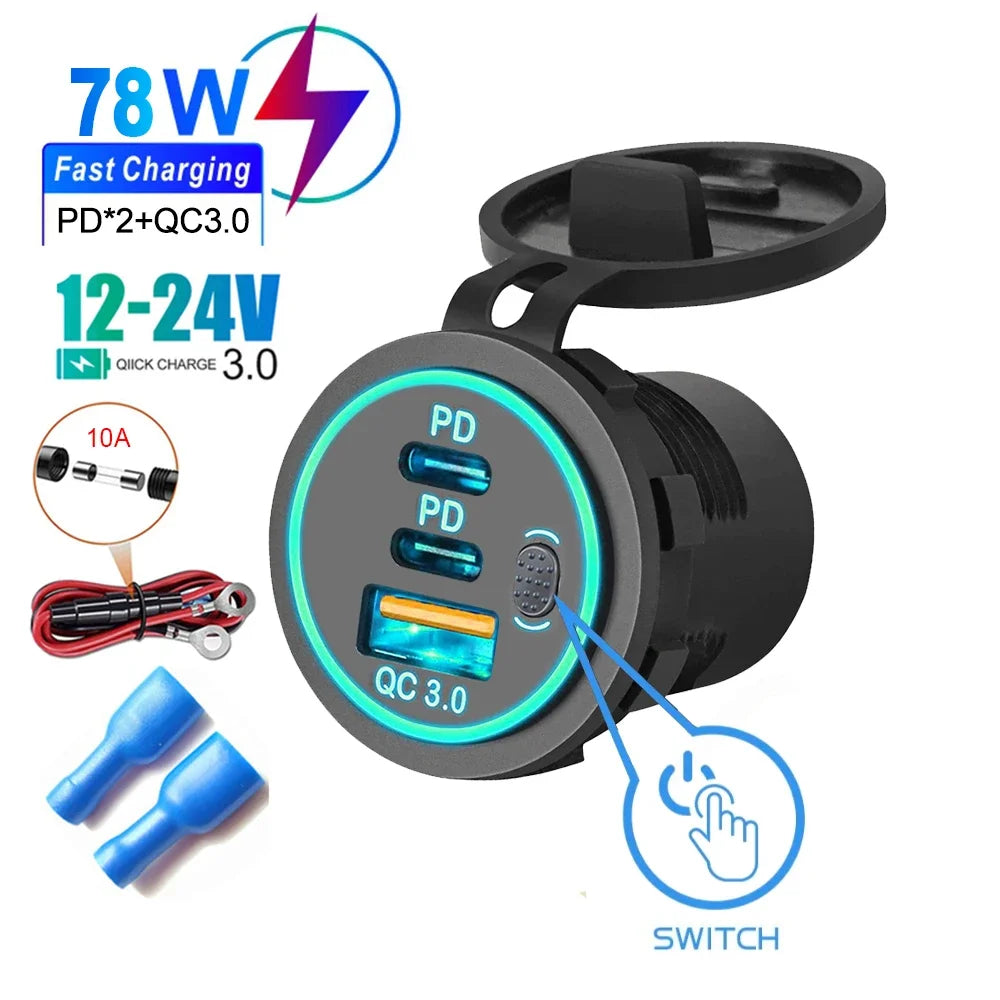 QC3.0 + PD 78W Car Charger Socket Triple USB Type-C Fast Charging Power Adapter with Switch Waterproof 12V/24V Universal Car Charger