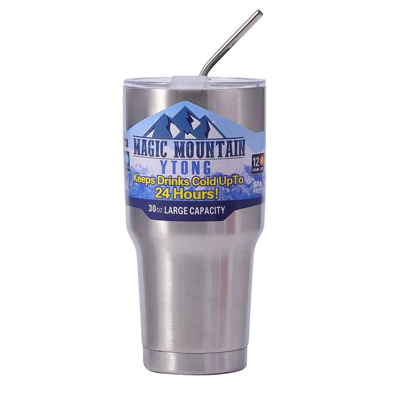 Magic Stainless Steel Thermos Cup with Straw – Vacuum Insulated Ice Coffee Travel Bottle for Car, Outdoor & Mountain Use