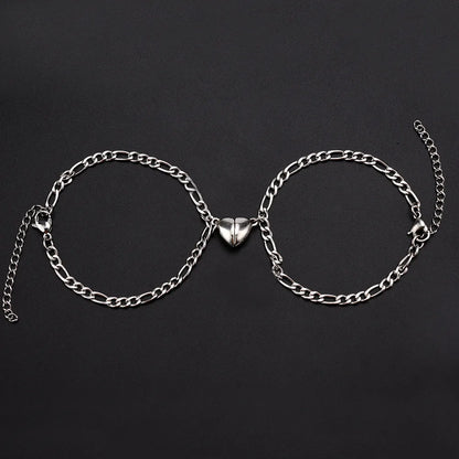 2-Piece Magnetic Couple Bracelet Set - Stainless Steel Heart Charm Cuban Chain Jewelry Gifts