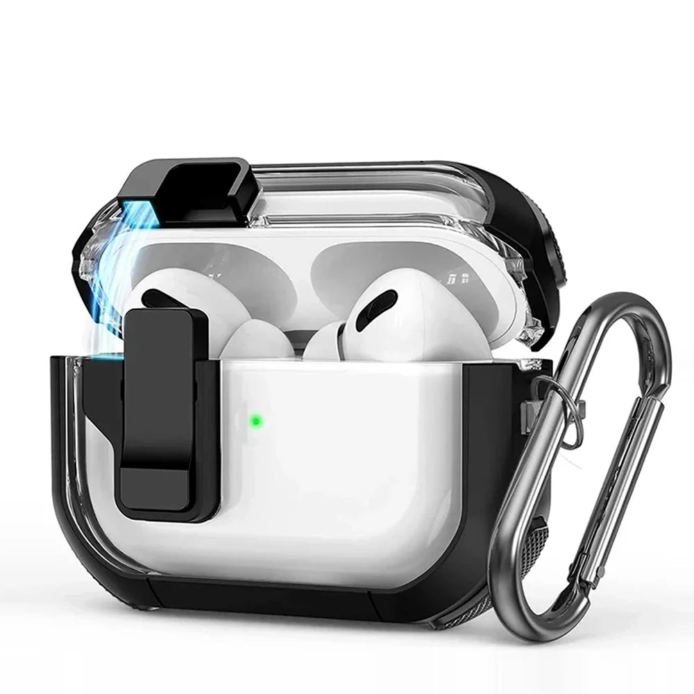 Shockproof Transparent Lock Case for AirPods Pro 2/3/4 – Full Body Protection with Magnetic Keychain & Charging Support